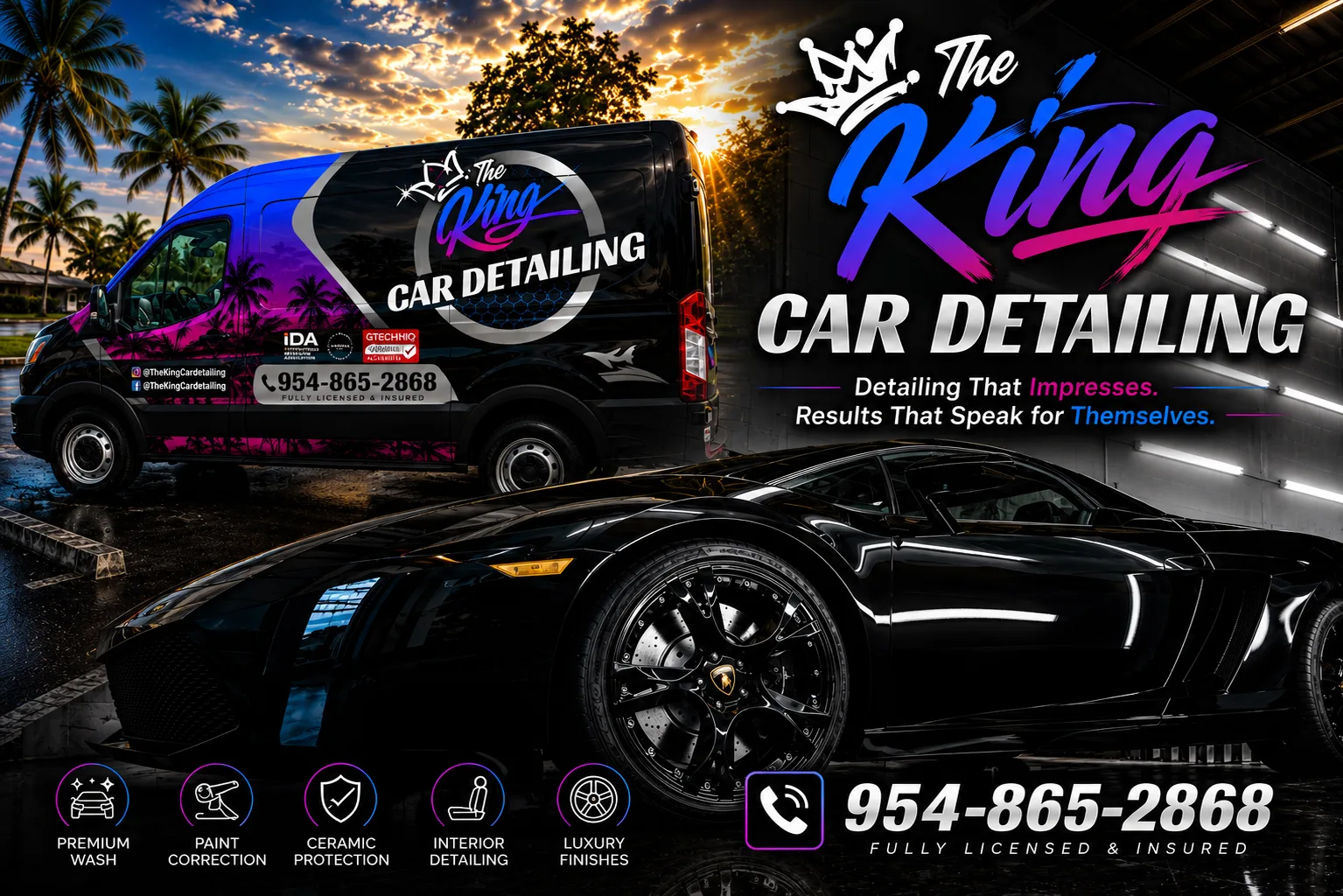 The King Car Detailing mobile van and a black sports car — premium mobile detailing